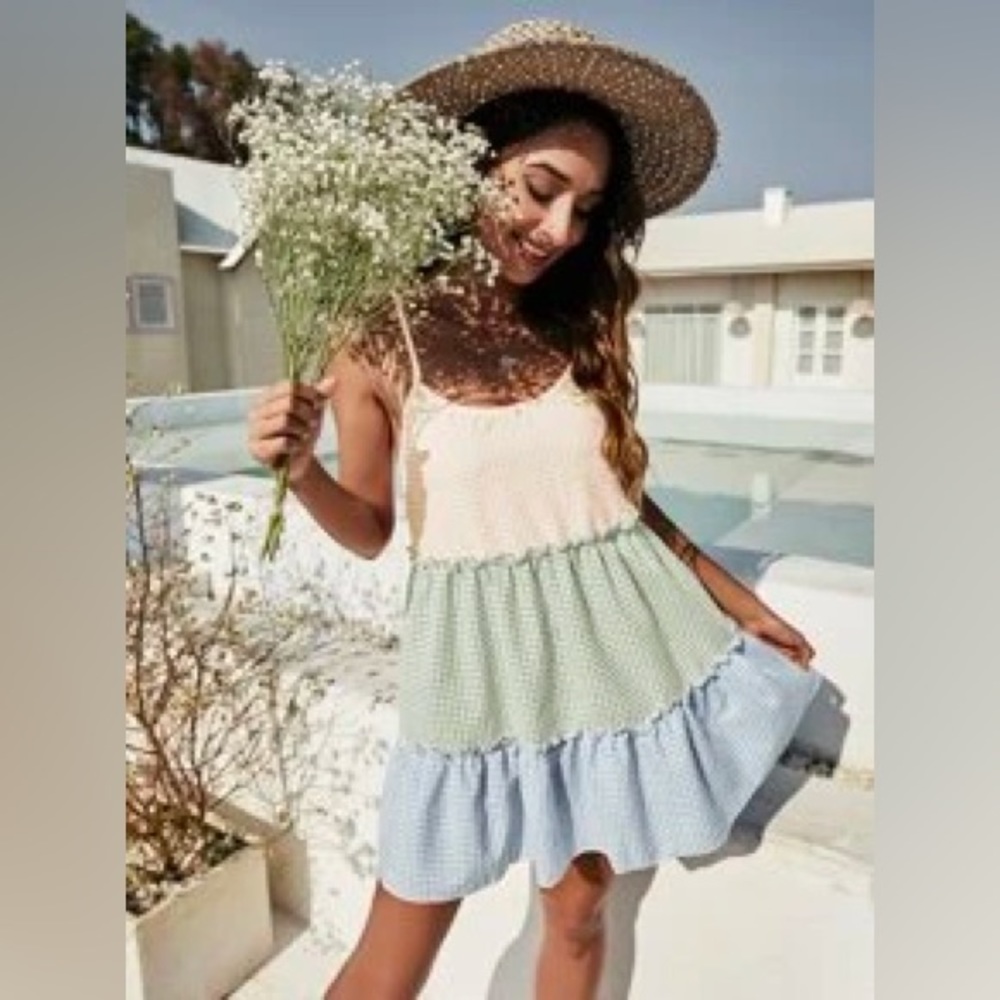 Frill Detail Gingham Colorblock Slip Dress